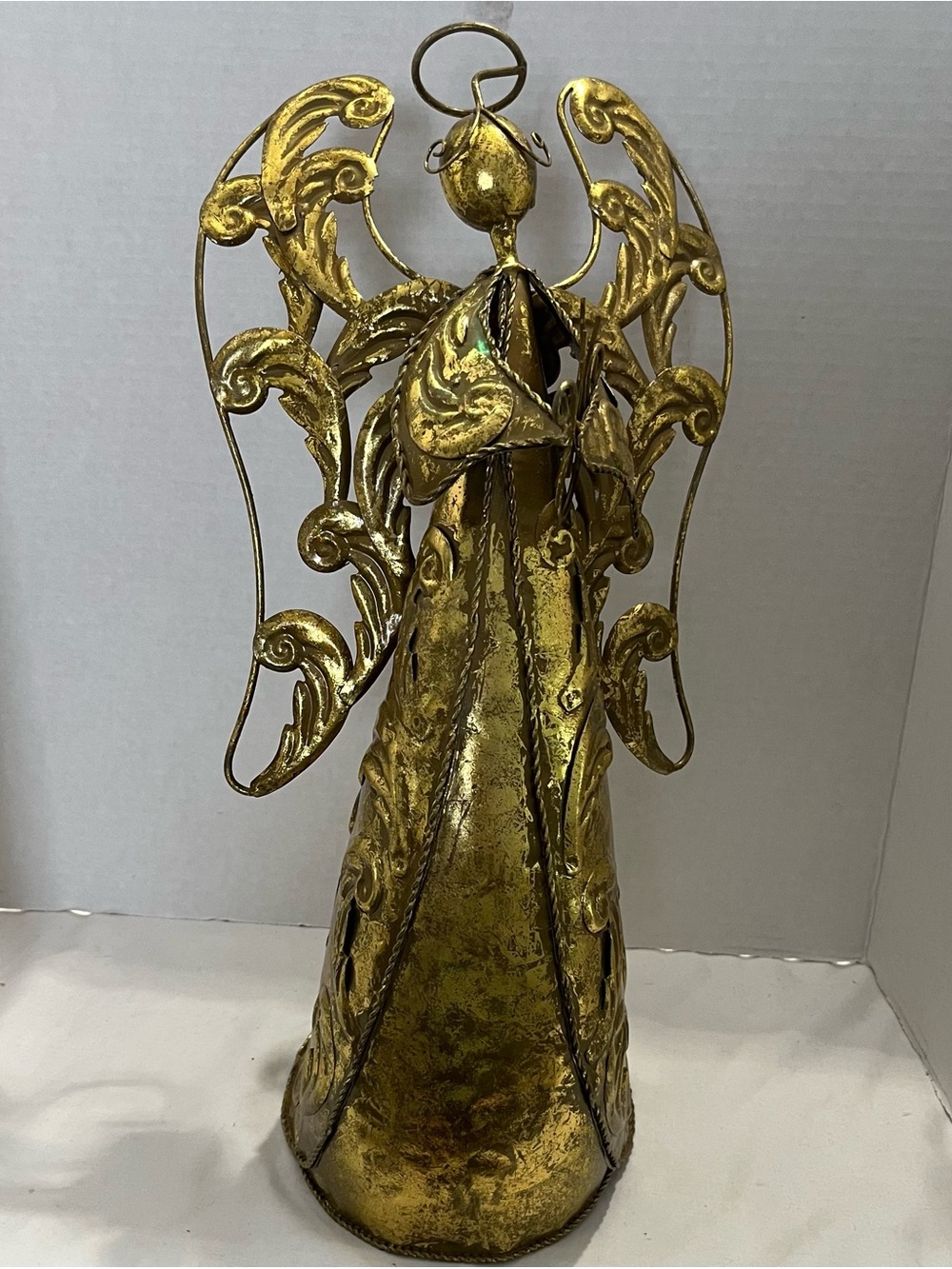 17” Vintage Gold-Tone Angel Figurine Ornate Filigree Home Holiday Decor
